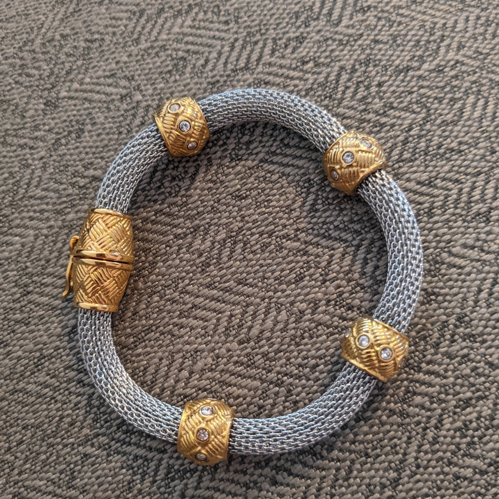Vintage Etruscan Style Mesh w Rhinestones two tone elegant bracelet sz 7/14